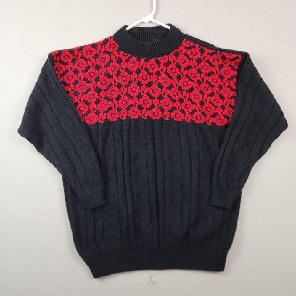 Vintage Knit Street Floral Red Black Geometric Knit Cotton Sweater Size Large
